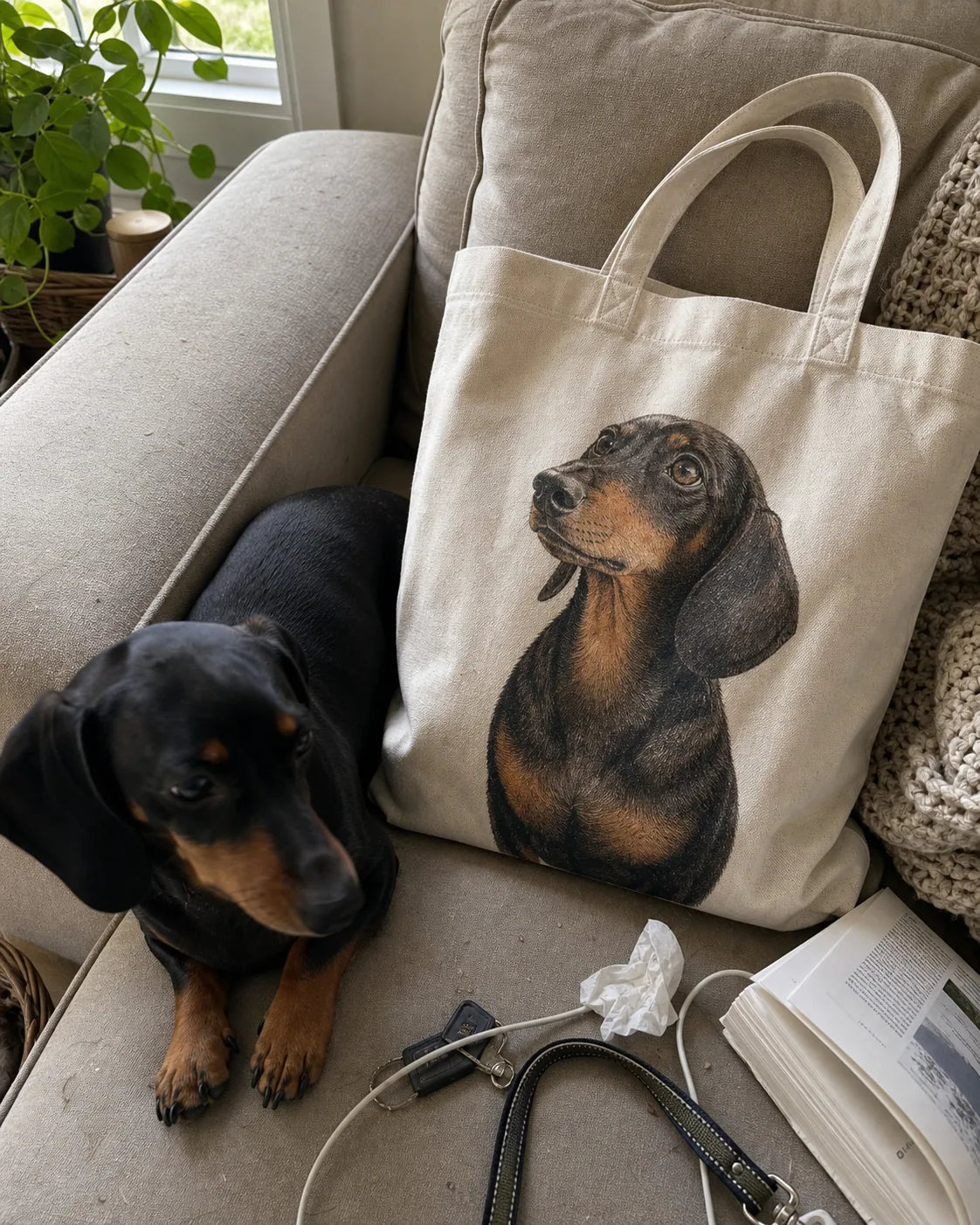 Custom Pet Portrait Tote Bag alternate media pm_key:pawmemory-addons-tote-dachshund-realbuyer-v2
